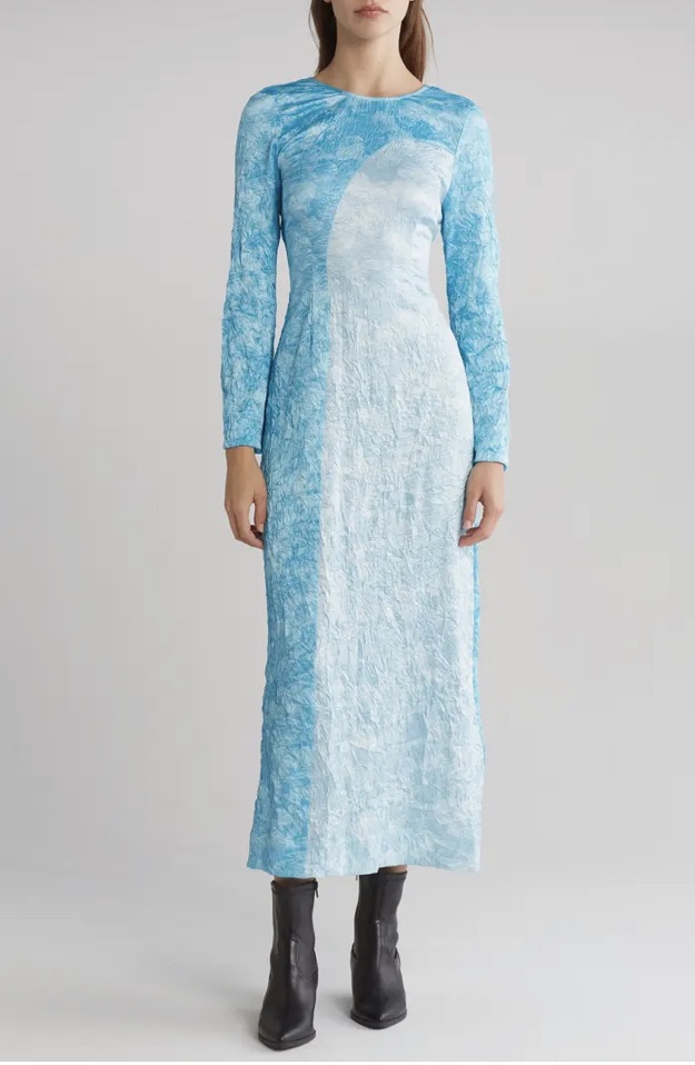 Ganni Crinkled Long Sleeve Satin Maxi Dress | Nordstromrack
