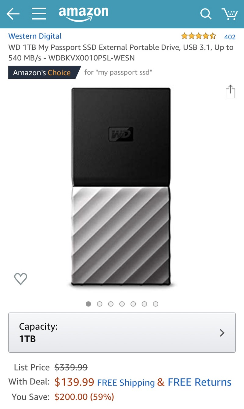 Amazon.com: WD 1TB My Passport SSD External Portable Drive, USB 3.1,高速传输移动硬盘$200off
