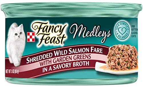 Amazon.com : Purina Fancy Feast Broth Wet Cat Food, Medleys Shredded Wild Salmon Fare With Greens - (24) 3 oz. Cans : Canned Wet Pet Food : Gateway  三文鱼猫罐头