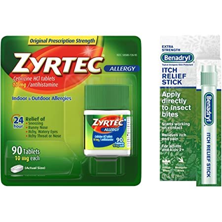 Zyrtec Allergy Relief Tablets, 90 Count and Benadryl Extra Strength Itch Relief Stick, Bundle Pack, 2 Items