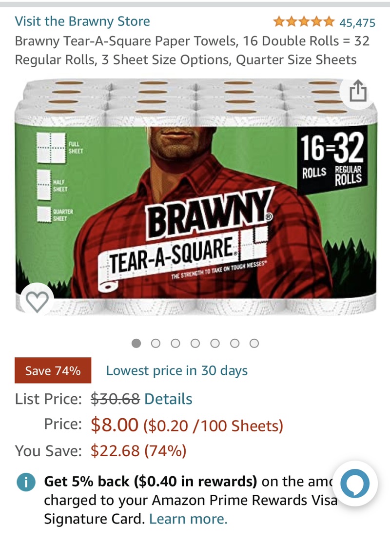 厨房纸Amazon.com: Brawny Tear-A-Square Paper Towels, 16 Double Rolls = 32 Regular Rolls, 3 Sheet Size Options, Quarter Size Sheets : Health & Household