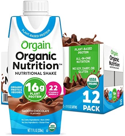 Amazon.com : Orgain Organic Vegan Plant Based Nutritional Shake, Smooth Chocolate - Meal Replacement, 16g Protein, 22 Vitamins & Minerals, Dairy Free, Gluten Free, 11 Fl Oz (Pack of 12)
