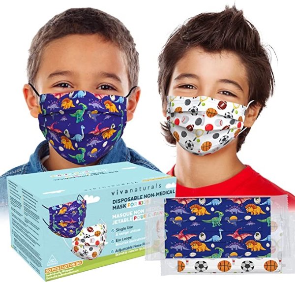 50片独立包装儿童口罩 运动&恐龙图案 耳挂和金属鼻带可调节