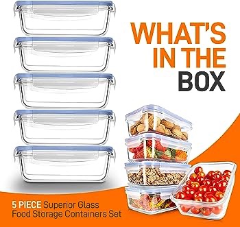NutriChef 10-Piece Glass Food Containers - Stackable Superior Glass Meal-prep Storage Containers, Newly Innovated Leakproof Locking Lids w/Air Hole, Freezer-to-Oven-Safe