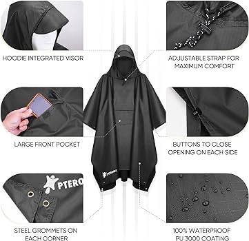 PTEROMY Hooded Rain Poncho for Adult with Pocket, Waterproof Lightweight Unisex Raincoat for Hiking Camping Emergency (Black) at Amazon Men’s Clothing store