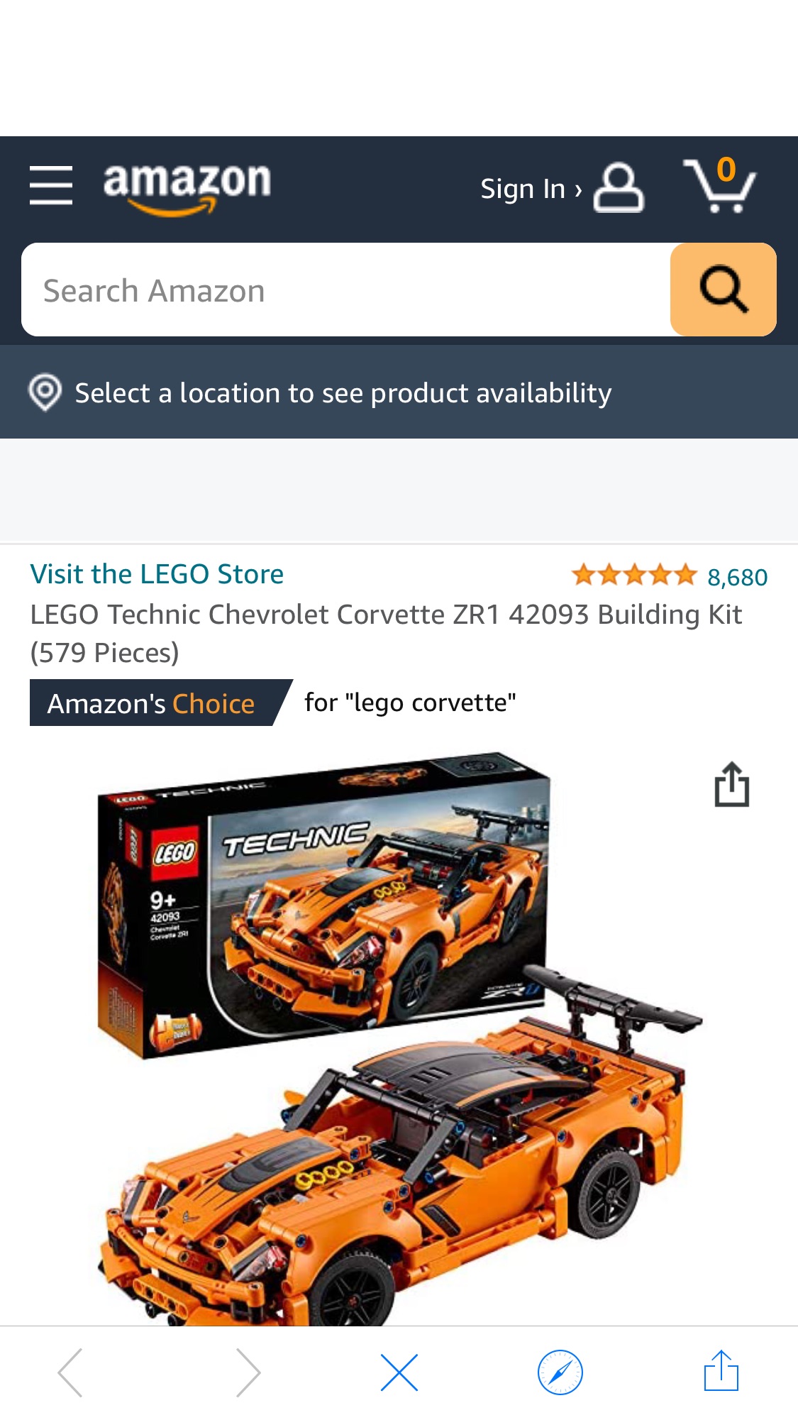 乐高LEGO Technic Chevrolet Corvette ZR1 42093 Building Kit (579 Pieces)