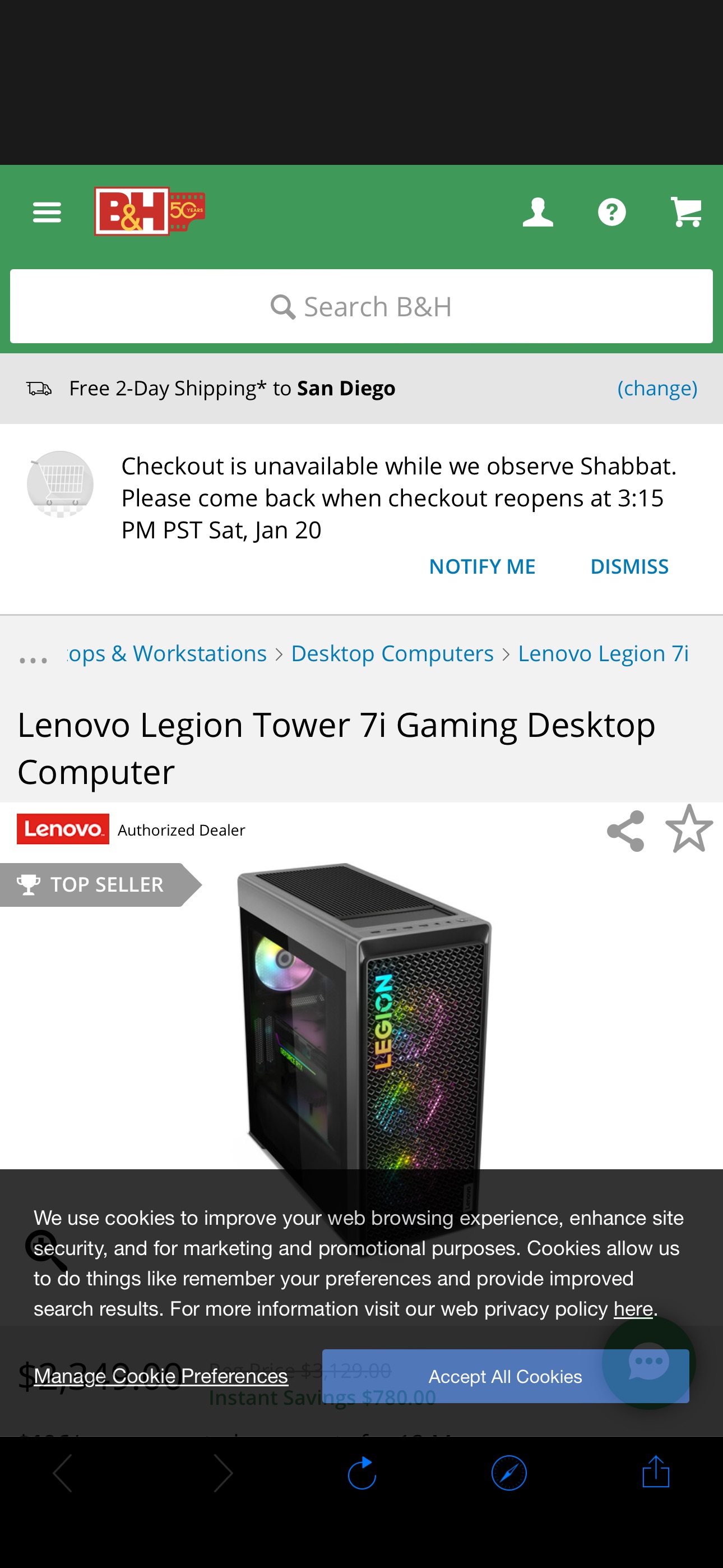 Lenovo Legion Tower 7i Gaming Desktop Computer 90V7004LUS B&H