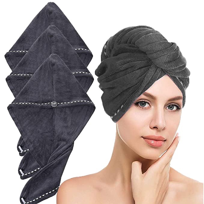 Amazon.com : LayYun 女士发巾裹布，3 件装超细纤维超吸水速干发巾，适合吹干卷发、长而浓密的头发（3 件装，黑色）