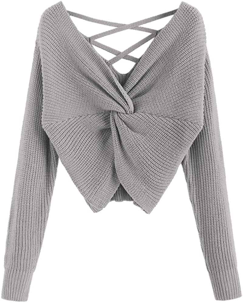 ZAFUL Women's V-Neck Twisted Back Pullover Knitted Sweater(gray S) ZAFUL女士V領套頭毛衣針織上衣S號