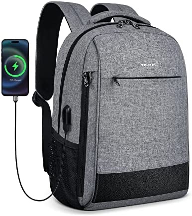 TIGERNU 笔记本电脑背包，带 USB 充电端口的商务防盗背包，带笔记本电脑隔层的防水大学背包，适合男士工作、办公室（最大 15.6 英寸），灰色