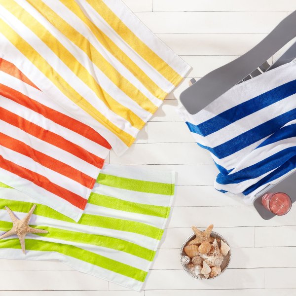 4 Pack Cabana Stripe Beach Towels, 100% Cotton, Assorted Colors, 28 in x 60 in