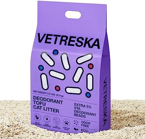 VETRESKA Tofu Cat Litter,Natural Pretty Kitty Litter Strong Clumping Flushable Cat Litter Pellets Ultra Absorbent,Odor Control,Dust-Free,Low Tracking Eco-Friendly Tofu Litter,Original(5.5lb×1bag) : Am
