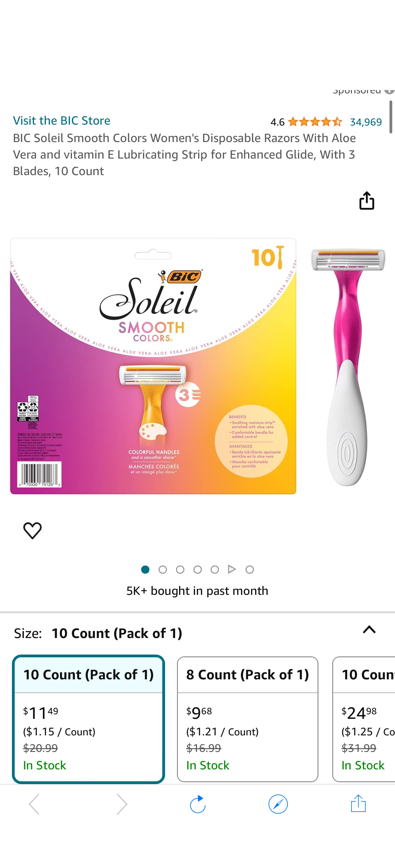 Amazon.com: BIC Soleil Smooth Colors Women's Disposable Razors With Aloe Vera and vitamin E Lubricating Strip for Enhanced Glide, With 3 Blades, 10 Count : Beauty & Personal Care