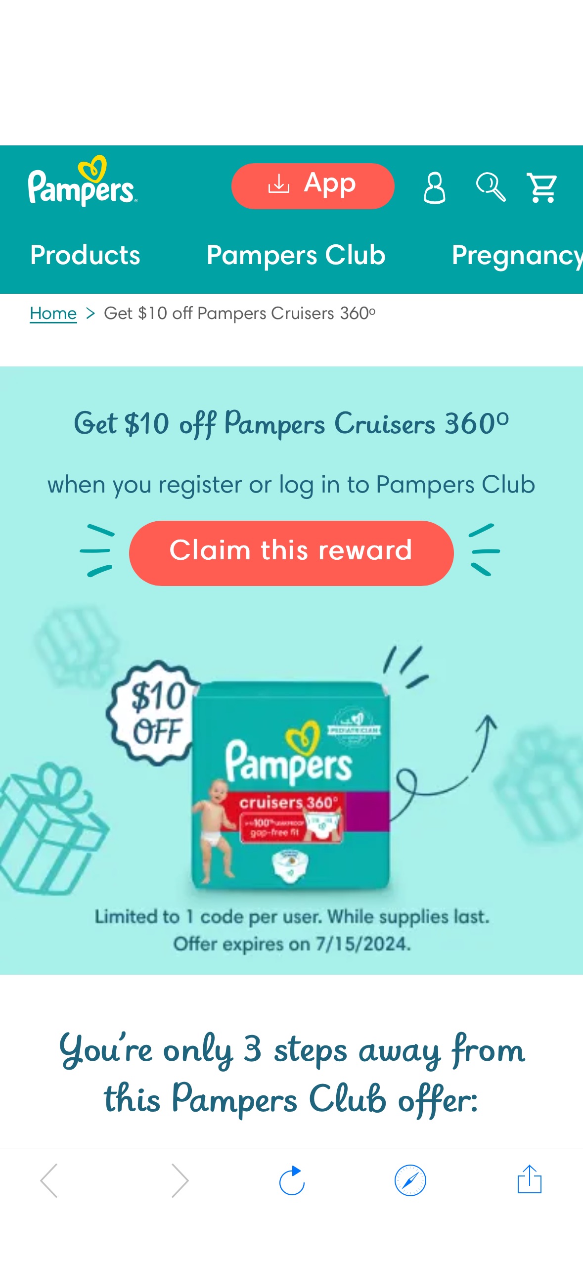 Pampers is offering a coupon for $10 off Pampers Cruisers Diapers to new and current users.