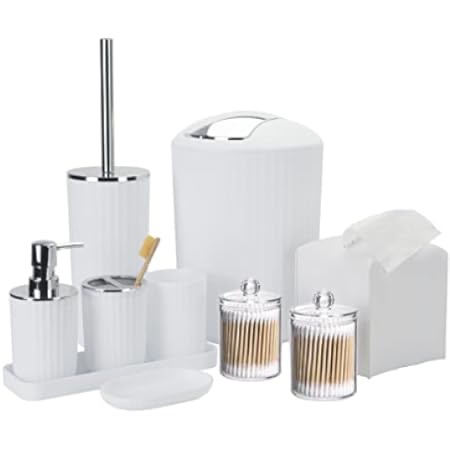 Amazon.com: Bathroom Accessories Set 5 Piece Gift Set, Toothbrush Holder, Toilet Brush , Trash can, soap Dispenser, Soap Dish for Decorative Countertop and Housewarming Gift (White) : Home & Kitchen
