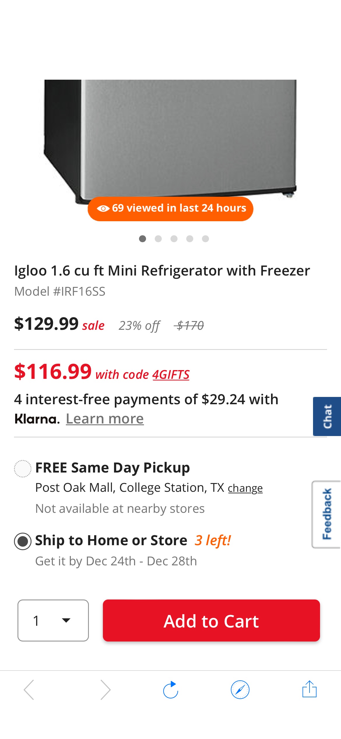 Igloo 1.6 cu ft 小冰箱 （冷藏+冷冻）