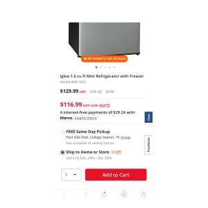 $116.99 Igloo 1.6 cu ft 小冰箱 (冷藏+冷冻)