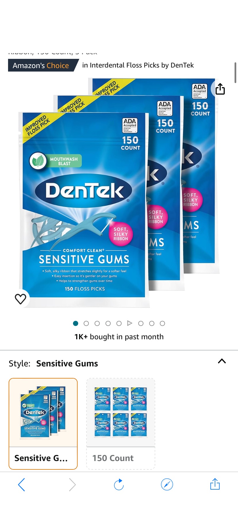 Amazon.com : DenTek Comfort Clean Sensitive Gums Floss Picks, Soft & Silky Ribbon, 150 Count, 3 Pack : Health & Household