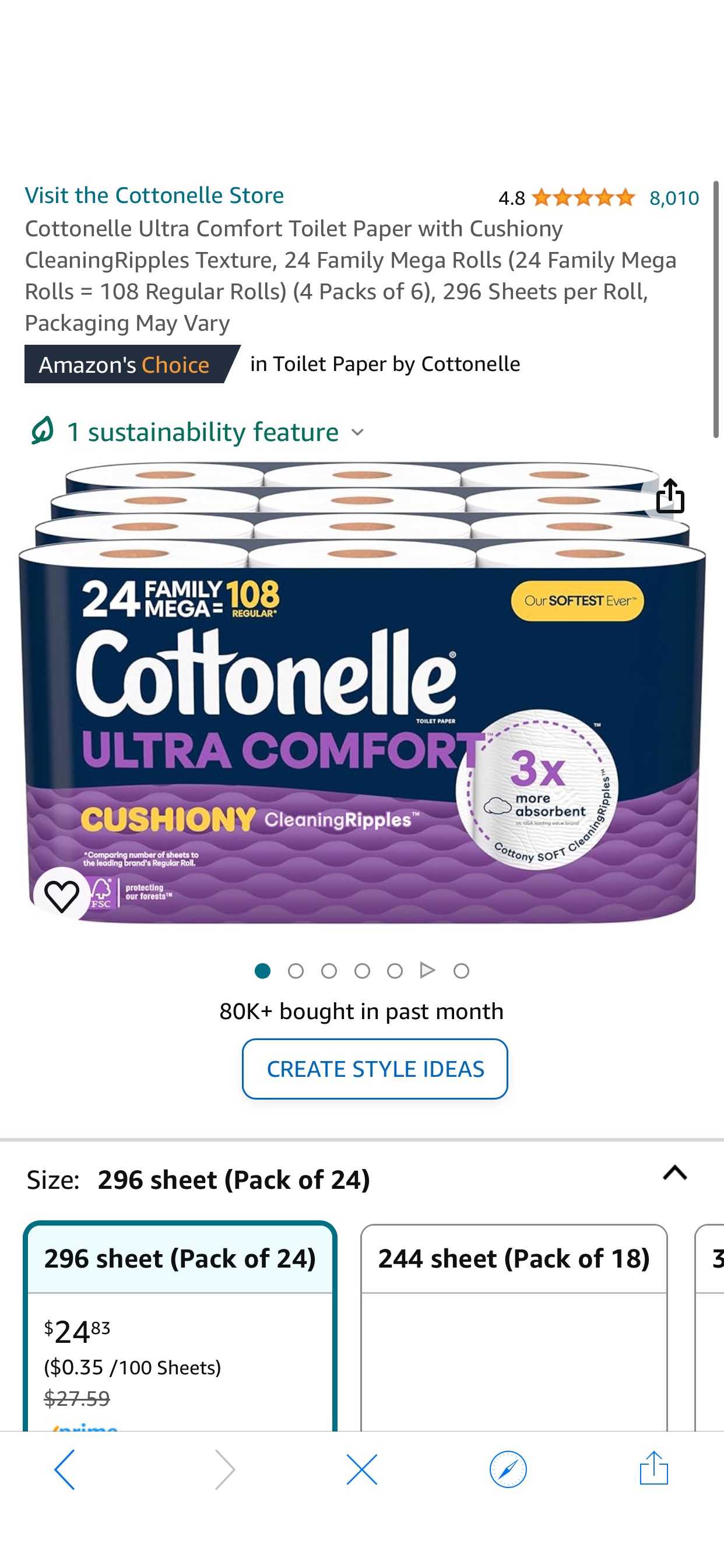 Amazon.com: Cottonelle Ultra Comfort Toilet Paper with Cushiony CleaningRipples Texture, 24 Family Mega Rolls (24 Family Mega Rolls = 108 Regular Rolls) (4 Packs of 6), 296 Sheets per Roll, Packaging 