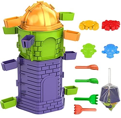 Amazon.com: 儿童沙滩玩具套装，沙滩玩具包括沙滩玩具城堡沙盒、动物模具、铲子、耙子、网袋、有趣的户外游戏