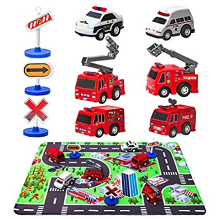 Kilpkonn Fire Truck Toys with Play Mat，Fire Vehicles Set Include 6 Fire Engines, 4 Road Signs, 14" x 18" Fire Rescue Playmat, Mini Pull Back Car Toys，Perfect Car Party Favors Gift: Toys & Games玩具卡车