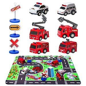 $6.99 Kilpkonn Fire Truck Toys with Play Mat,Fire Vehicles Set Include 6 Fire Engines, 4 Road Signs, 14 x 18 Fire Rescue Playmat, Mini Pull Back Car Toys,Perfect Car Party Favors Gift: Toys & Games玩具卡车
