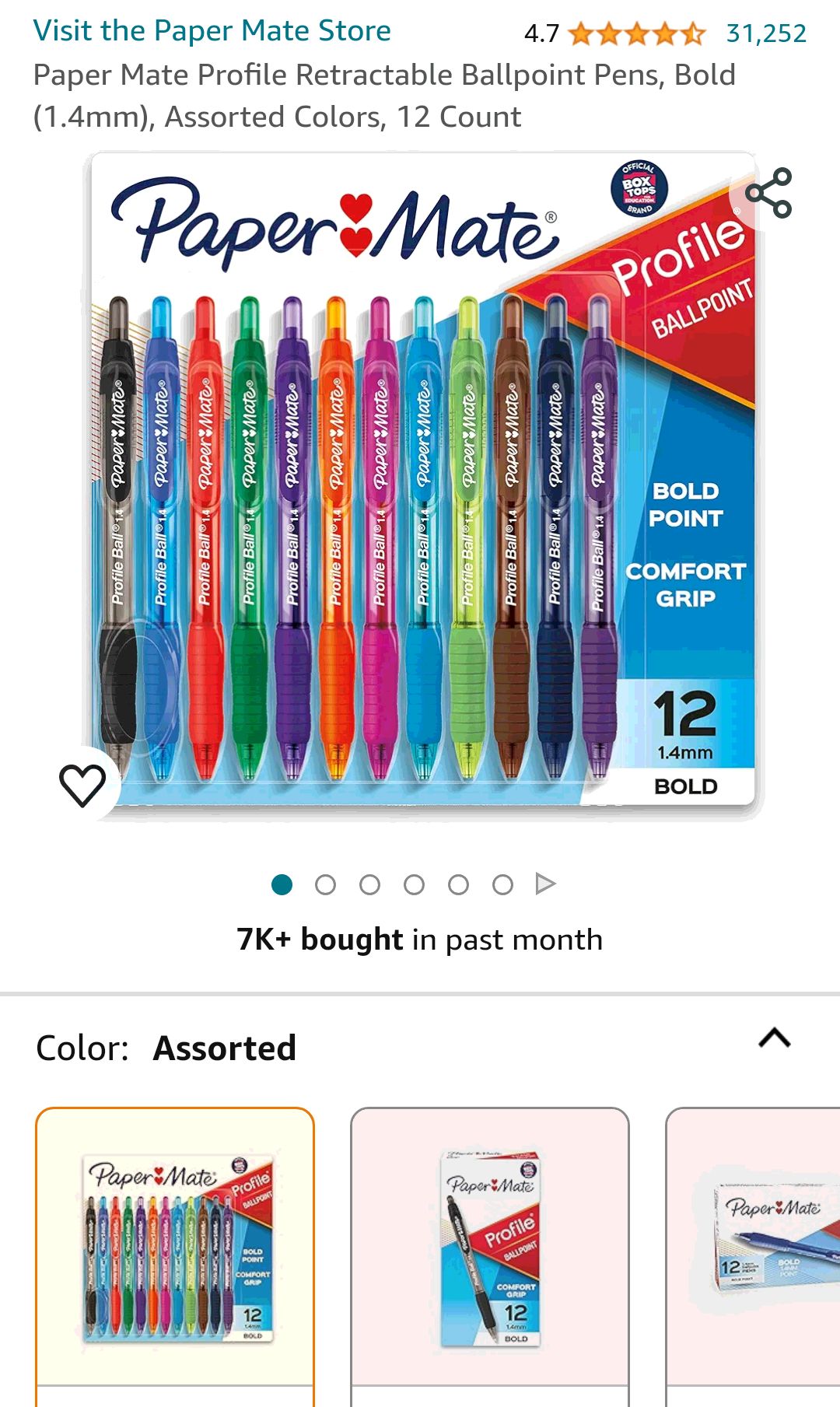 Amazon.com : Paper Mate Profile Retractable Ballpoint Pens, Bold (1.4mm), Assorted Colors, 12 Count : Ballpoint Stick Pens : Office Products