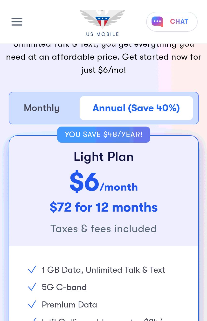 US Mobile Unlimited Talk & Text + 1GB 5G Data $6 Per Month ($72/year)