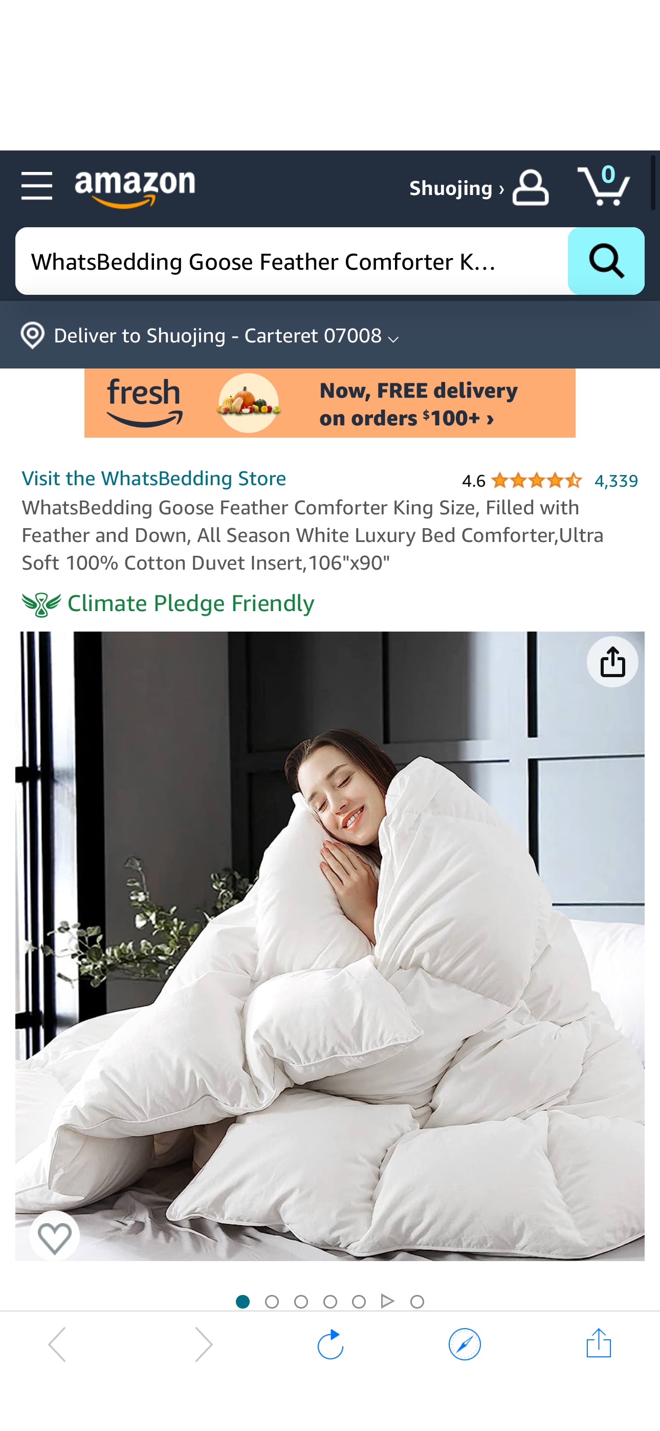 Amazon.com: WhatsBedding Goose Feather Comforter King Size, Filled with Feather and Down, All Season White Luxury Bed Comforter,Ultra Soft 100% Cotton Duvet Insert,106"x90" : Home & Kitchen冬被
