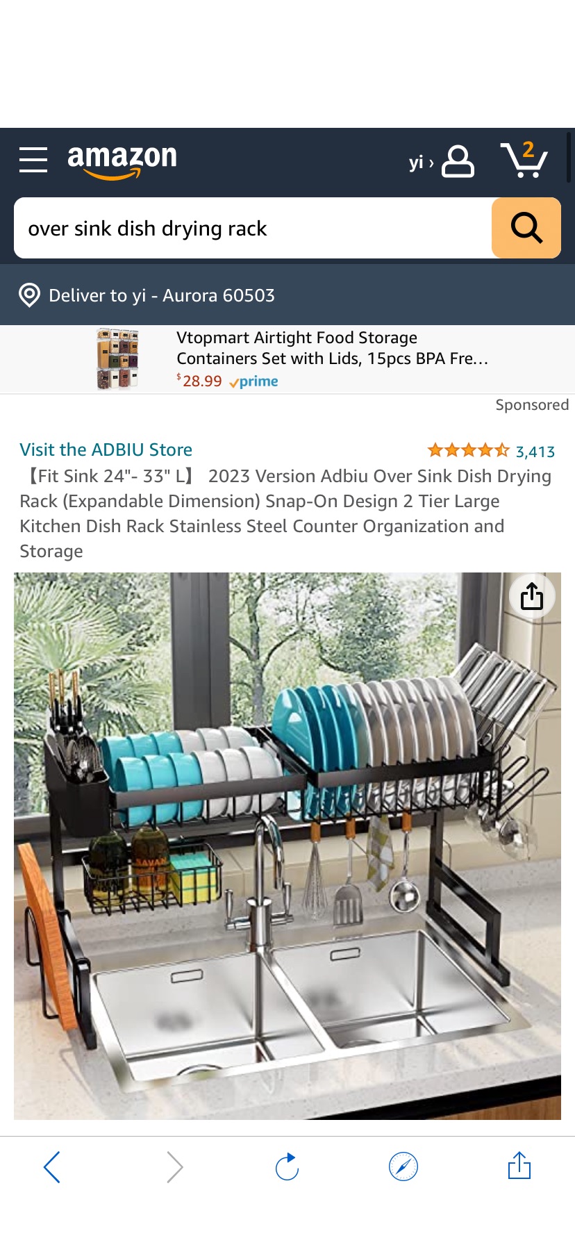 】2023版Adbiu水槽盘式烘干架（可扩展尺寸）按扣式设计2层大型厨房盘架不锈钢柜台组织和存储