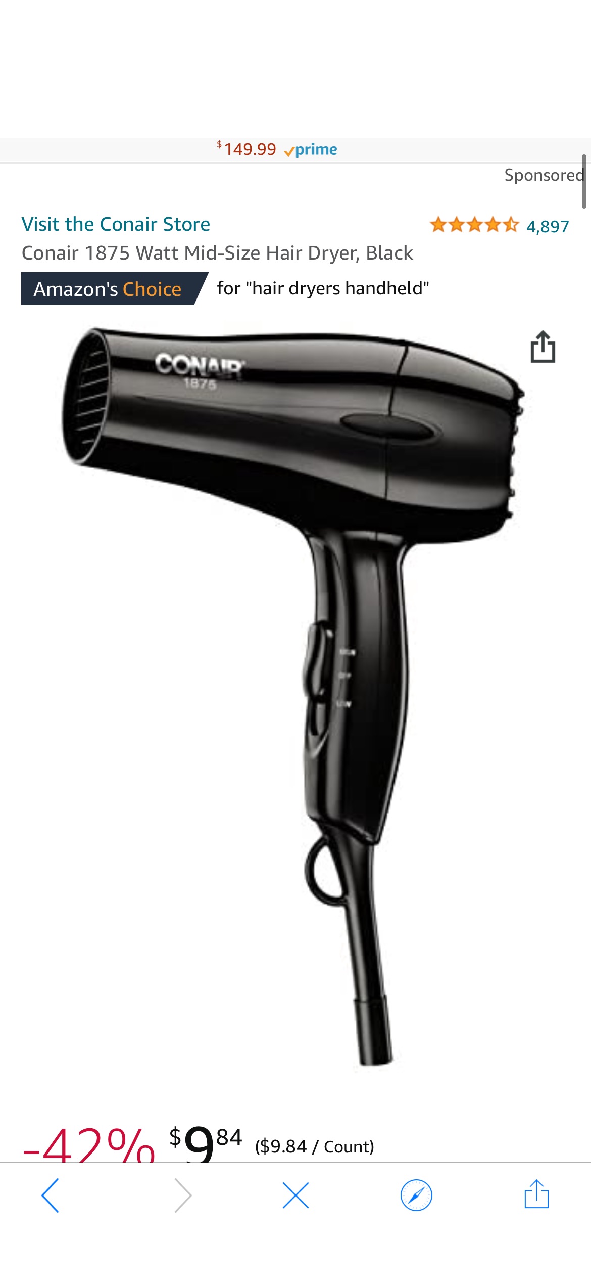 Amazon.com : Conair 1875 Watt Mid-Size Hair Dryer, Black : Beauty & Persona 吹风机