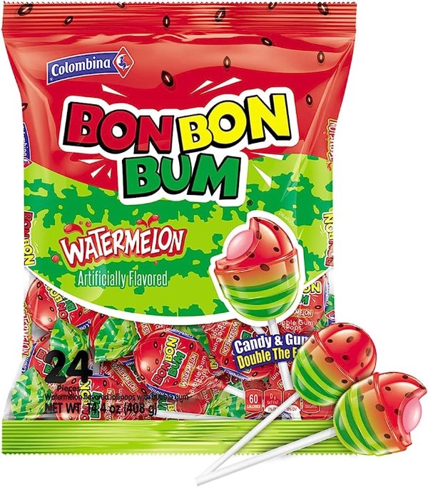 Colombina Bon Bon Bum Lollipops w/Bubble Gum Center 14.4 oz bag, (24 count)