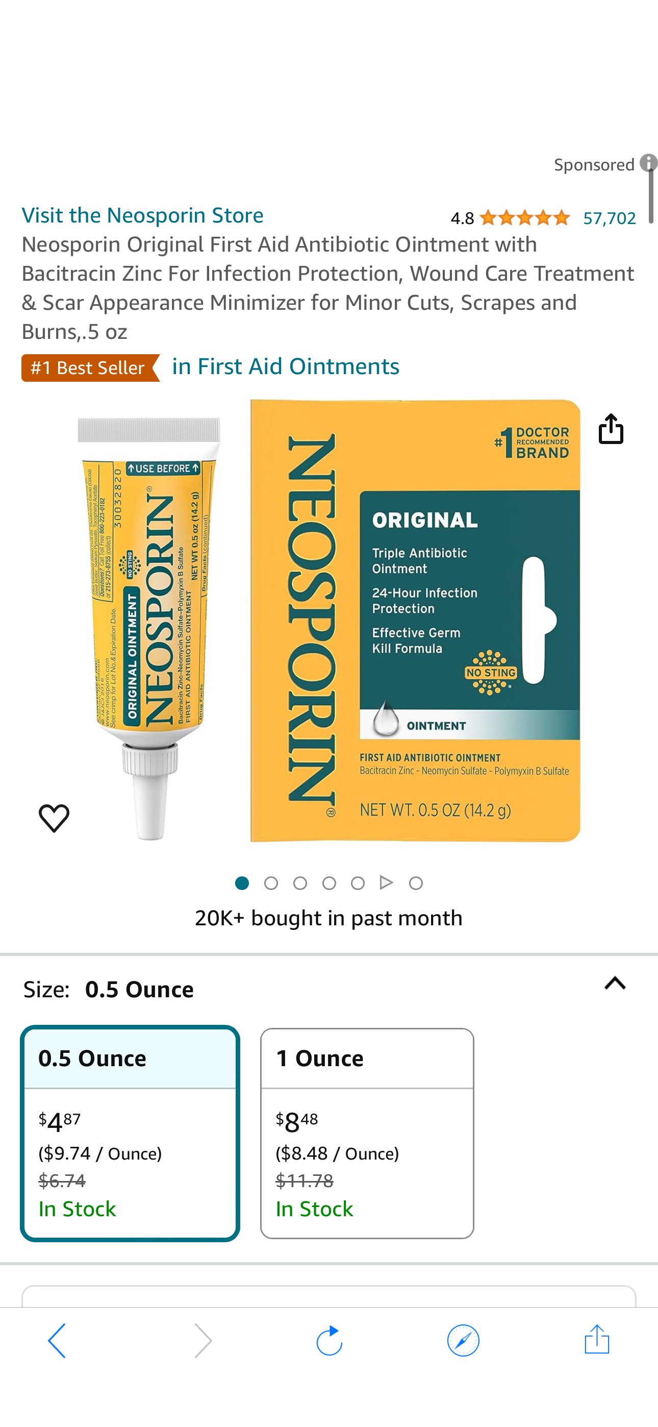Amazon.com: Neosporin Original First Aid Antibiotic Ointment with Bacitracin Zinc For Infection Protection, Wound Care Treatment & Scar Appearance Minimizer for Minor Cuts, Scrapes and Burns,.5 oz : H