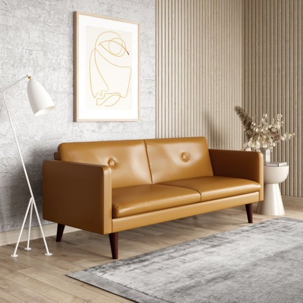 Serta Laurel 3-Seat Mid-Century Convertible Sleeper Sofa with Vegan Leather, Camel