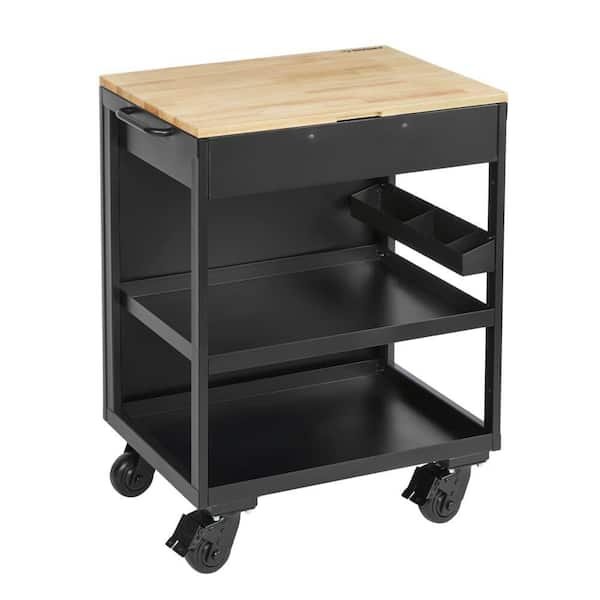 Extra Wide Utility Cart with Wooden Top in Black