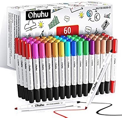 Ohuhu Dry Erase Markers, Ohuhu 60 Pack 15 Assorted Colors Low-Odor Dual Tips Dry Erase Window Marker Pens