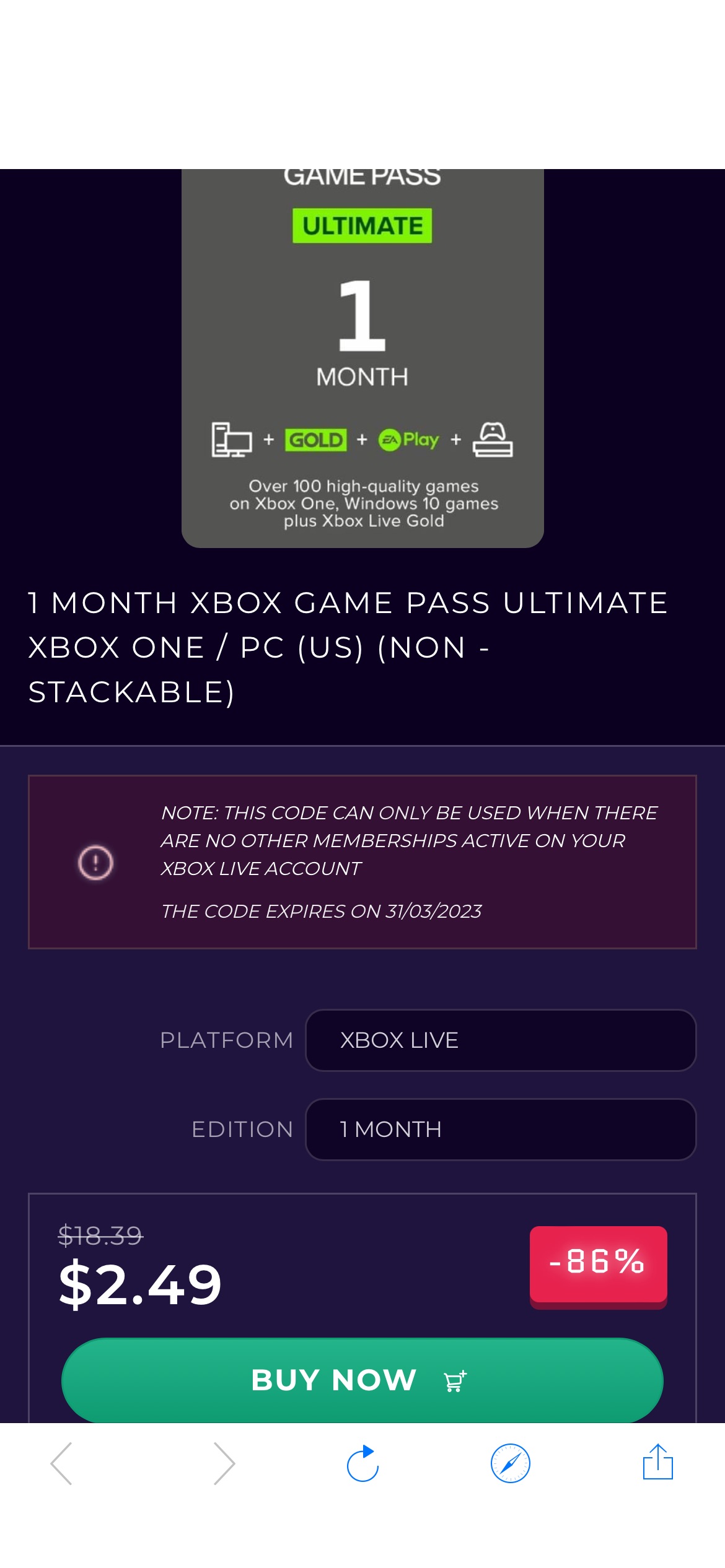 1 Month Xbox Game Pass Ultimate (Non-Stackable) (US) | Xbox One / PC | CDKeys