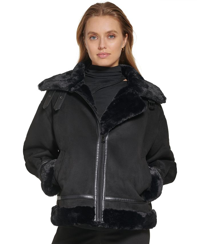 DKNY Women's Faux-Suede Faux-Fur Trim Zip-Front Coat - Macy's
