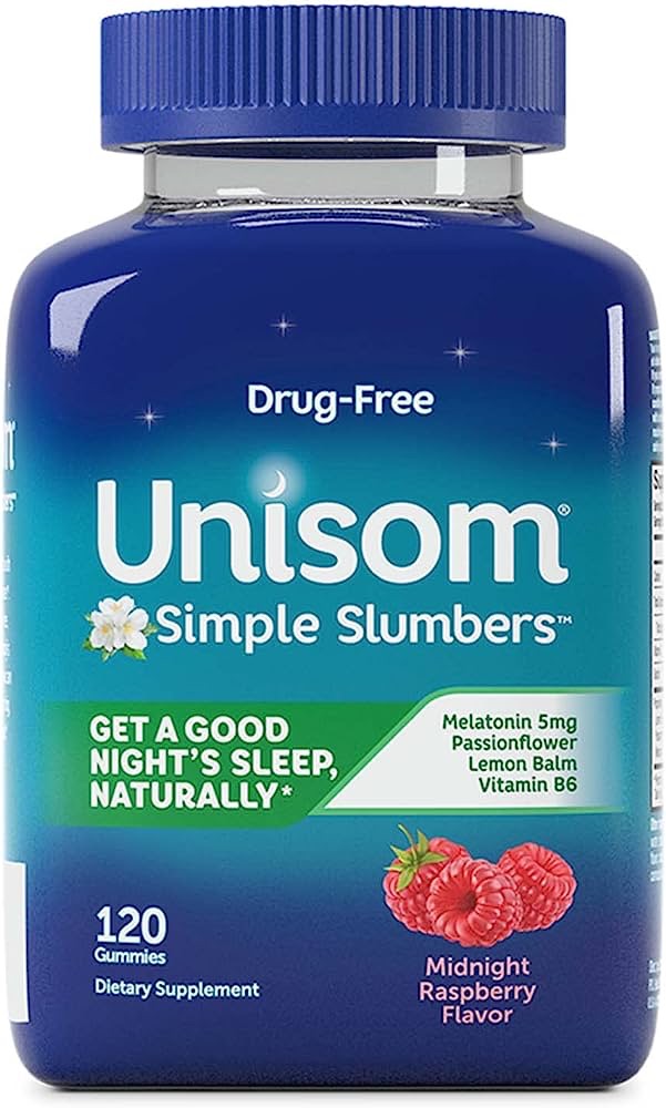 Amazon.com: Unisom Simple Slumbers DrugFree Sleep Aid Gummies Melatonin 5mg Midnight Raspberry,120 Count : Health & Household