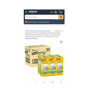 $16.25 Amazon.com: Glad Trash & Food Storage Medium Quick-Tie Trash Bags - OdorShield 8 Gallon White Trash Bag, Gain Original with Febreze Freshness,为