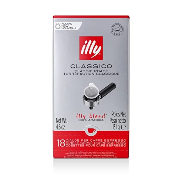 Illy Classico E.S.E. Pods , Medium Roast Notes of Chocolate & Caramel, 100% Arabica Coffee 18 Count