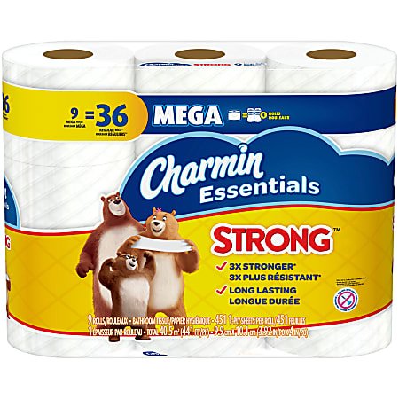 Essentials Strong 1-Ply Mega Roll Toilet Paper 9 Rolls