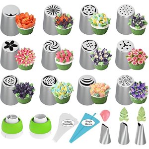 $7.19 Amazon.com: 俄罗斯裱花嘴、糖霜裱花套件、28 件蛋糕装饰裱花烘焙用品套装烘焙纸杯蛋糕生日派对的裱花裱花、15 朵花糖霜裱花 2 个耦合器 10 个糕点袋