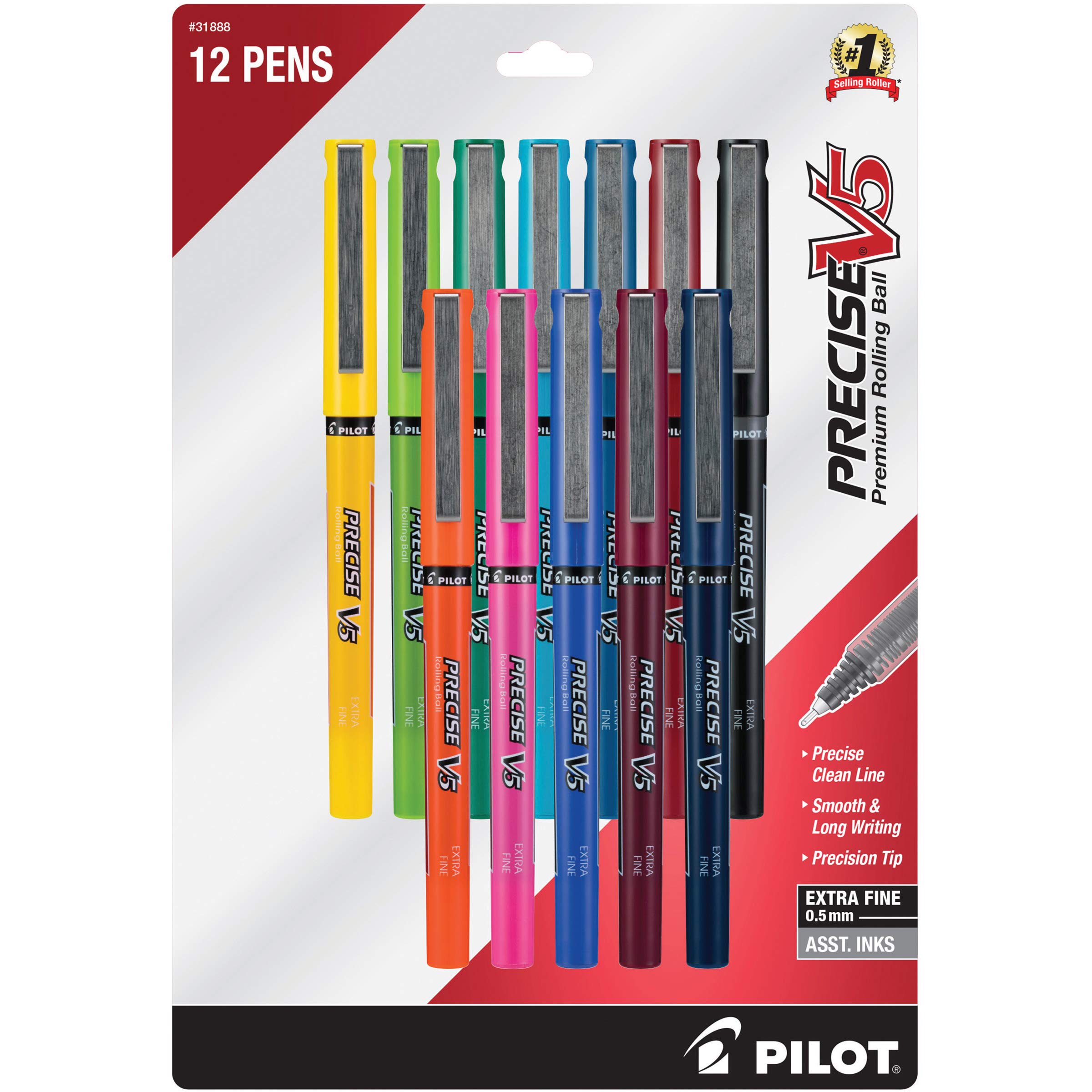 Amazon.com: PILOT Precise V5 Stick Liquid Ink Rolling Ball Stick Pens, Extra Fine Point (0.5mm) Assorted Ink Colors, 12-Pack (31888) 液态墨水滚动式圆珠笔12色