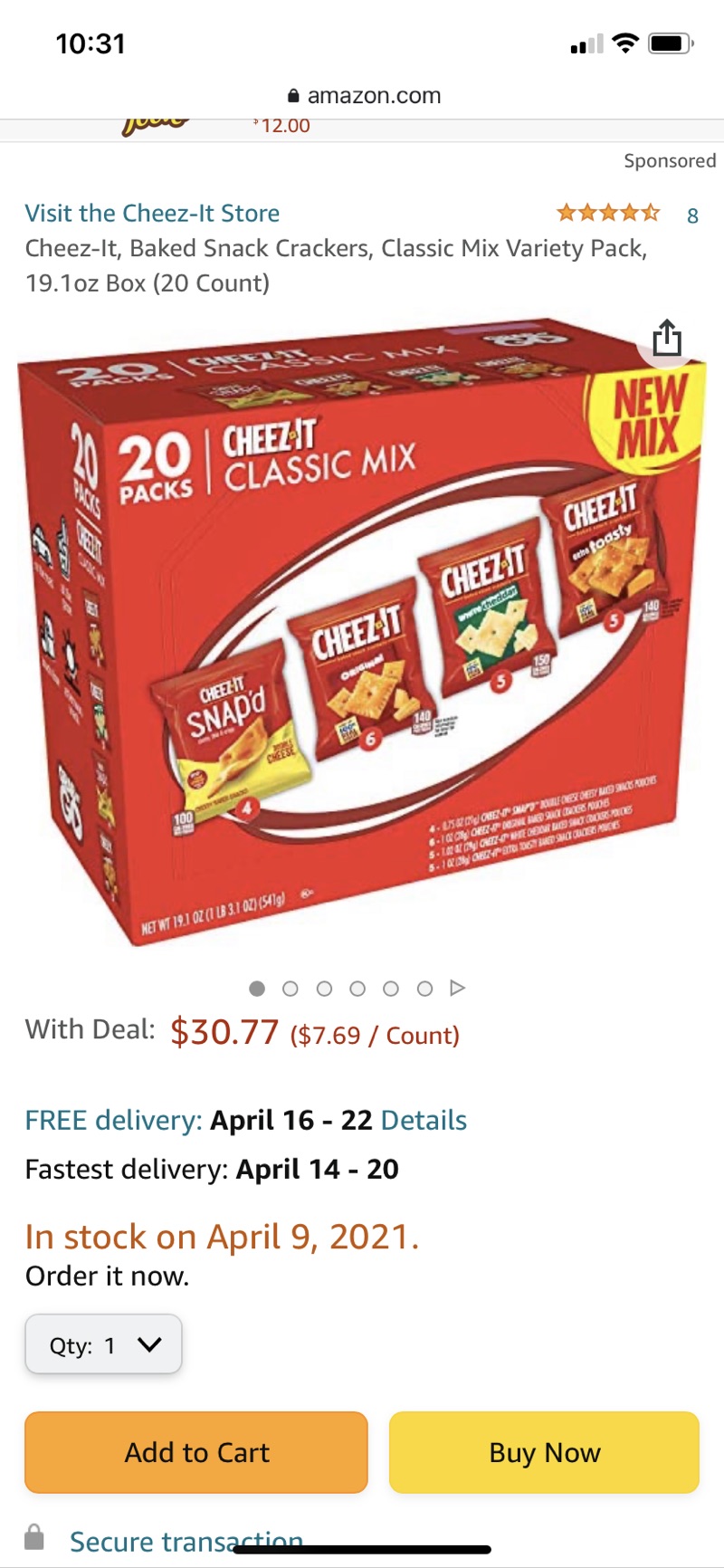 Amazon.com: Cheez-It, 烤芝士饼干20包