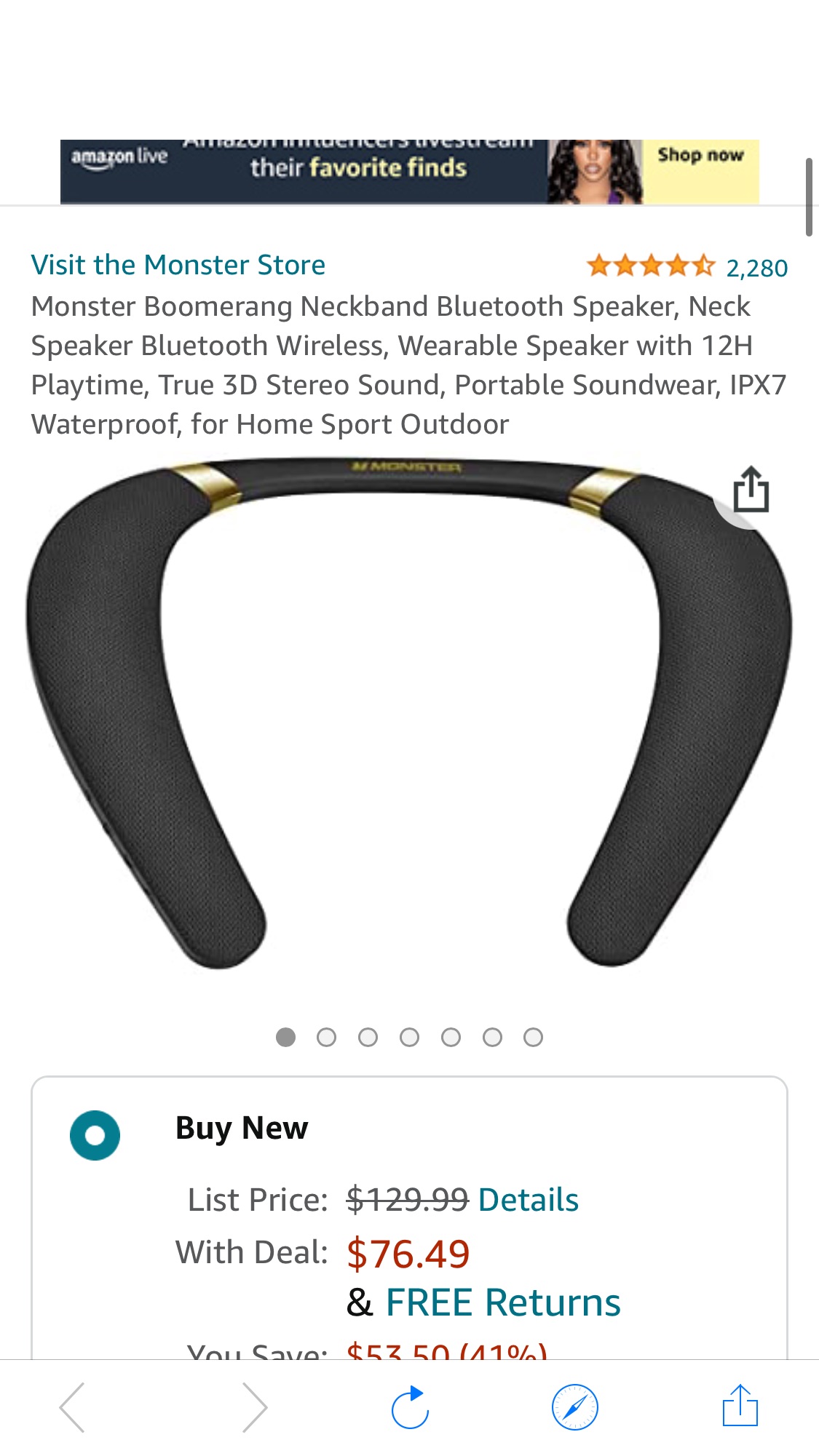 Monster Boomerang Neckband Bluetooth Speaker, Neck Speaker Bluetooth Wireless, Wearable Speaker with 12H Playtime, True 3D Stereo Sound, Portable Soundwear, IPX7 Waterproof,肩上音箱