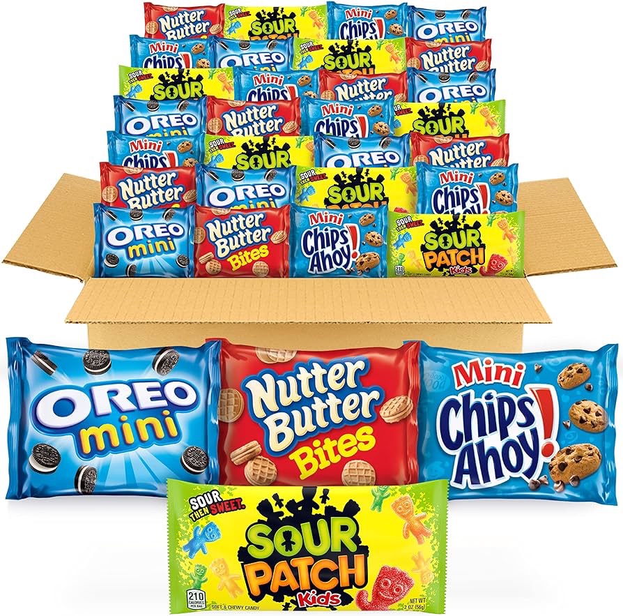 Amazon.com: OREO迷你饼干，CHIPS AHOY！迷你饼干，酸补丁儿童糖果和纳特黄油叮咬饼干和糖果品种包，32个小吃包：
