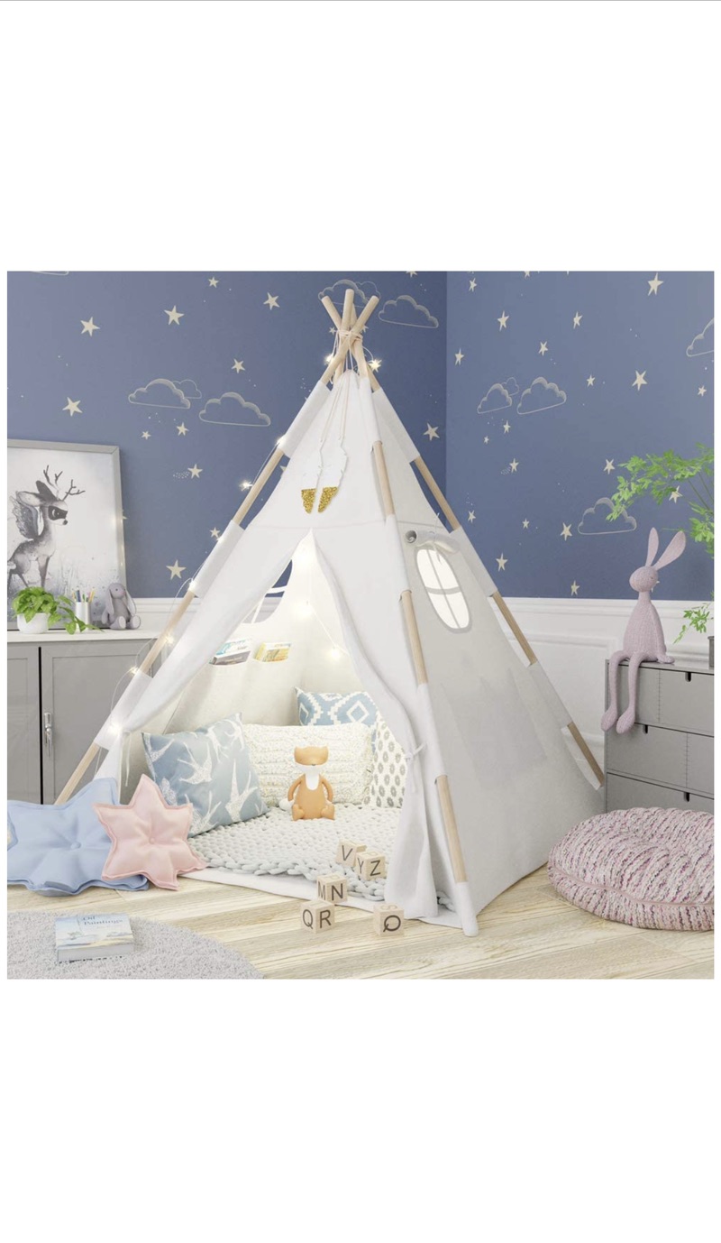 儿童帐篷带亮灯：TazzToys Kids Teepee Tent for Kids with Fairy Lights +Waterproof Base + Feathers