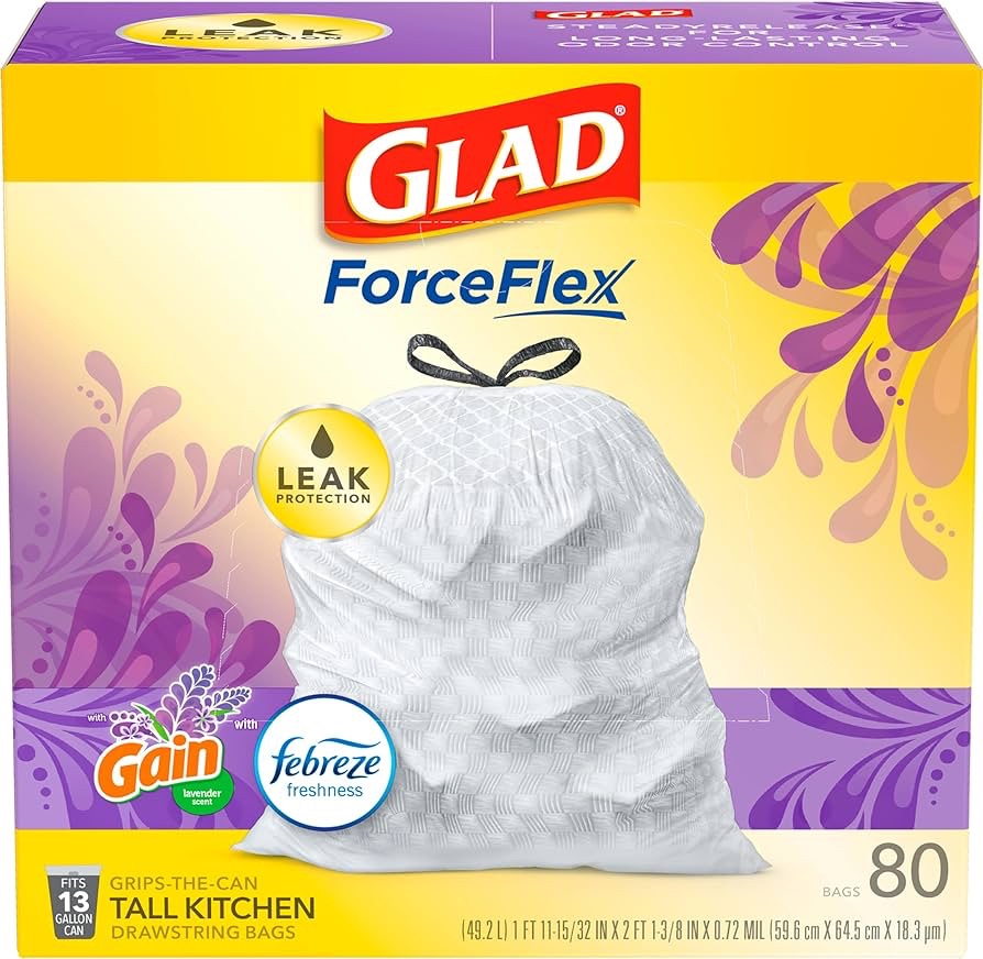 Amazon.com: Glad Trash Bags, ForceFlex Tall Kitchen Drawstring Garbage Bags 13 Gallon White Trash Bag, Mediterranean Lavender scent with Febreze Freshness 80 Count (Package May Vary) : Health & Househ