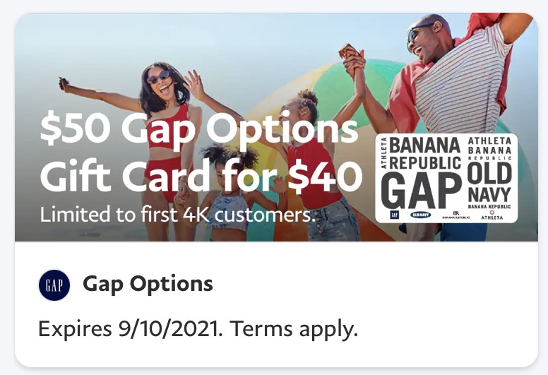 PayPal 现有 Gap 礼卡满$50立享8折
